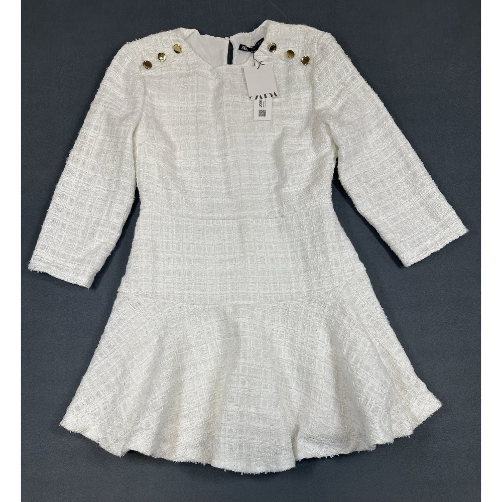 NEW Zara Dress Womens Size Medium White Textured Tweed Gold Button Flared NWT